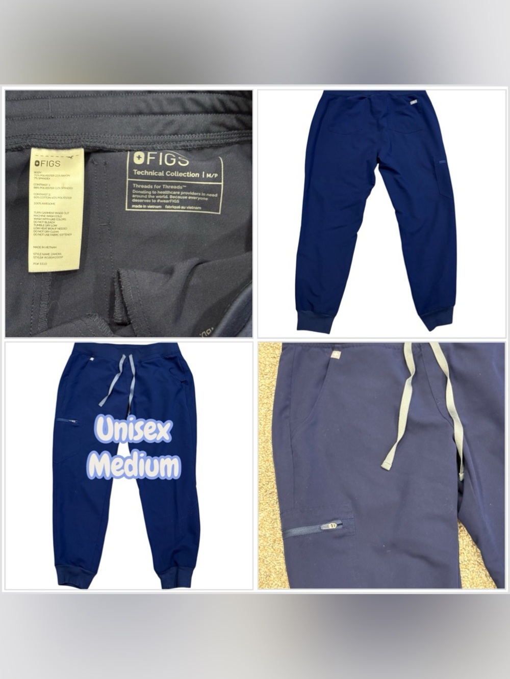 Unisex Medium Figs Scrubs Scrub Cargo Jogger Pants Navy Blue Stretch Drawstring